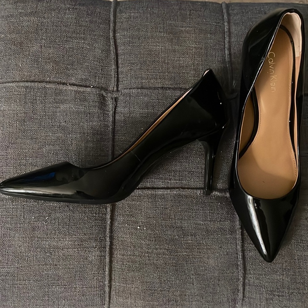 LAST DAY DEC. 10.  
BEFORE MOVING. CALVIN KLEIN BLACK PATENT HEELS. Worn 1 hour
